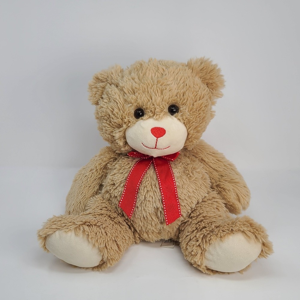 burton + BURTON Teddy Bear Plush Toy Tan Red Ribbon 10 inch Good Condition